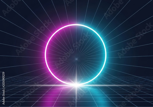 Retro Futuristic Neon Circle with Pink and Blue Glow on a Grid Floor Background, Synthwave 80s Style Aesthetic