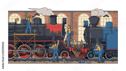 Canvas Print Vintage Steam Train Maintenance: Workers in denim overalls meticulously maintain and repair two vintage steam locomotives in a grand railway workshop, illuminated by industrial lamps