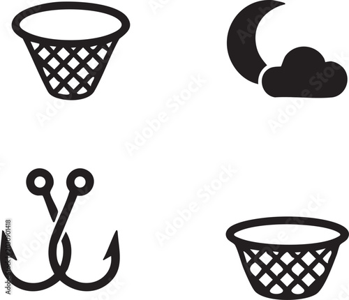 Fishing Net and Hook Icons Silhouette Vector Set