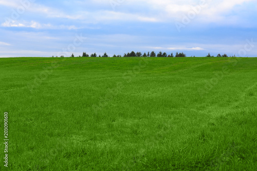 A tranquil rural landscape under a dramatic sky