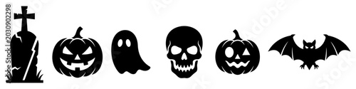 Halloween spooky icon set with gravestone, pumpkin, ghost, skull and bat silhouettes