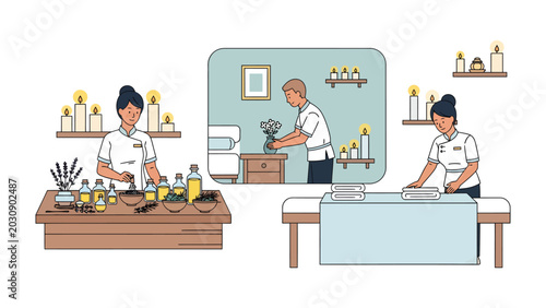 Bild auf Leinwand Spa Serenity: A tranquil spa environment featuring attentive staff preparing for wellness treatments, showcasing oils, lotions, and a massage bed, inviting relaxation and rejuvenation