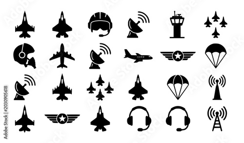 Photos Air Force Icons Black Flat Design Vector Illustration with Military Aviation Sym