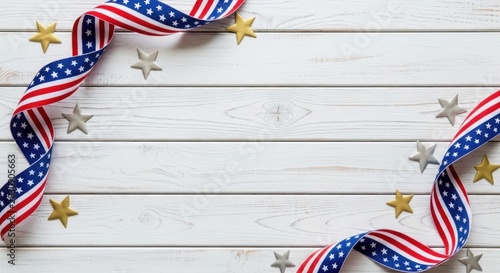 American patriotic ribbon and stars on white wooden background for 4th of july celebration decoration ideas