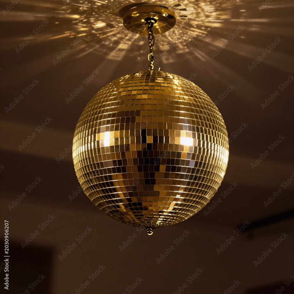 Obraz premium Technical Drawing Golden Music. Shimmering Golden Disco Ball With Radiating Light Rays