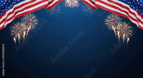American flag waving with vibrant fireworks exploding in night sky on independence day