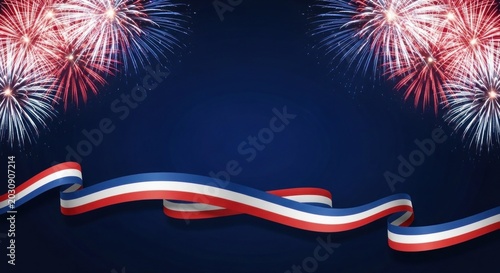Vibrant red white and blue fireworks explode against a dark blue night sky with wavy ribbons
