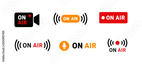 On Air Broadcast Icons Collection With Live Streaming And Recording Symbols. Live On Air Media Sign Set Featuring Radio Broadcast Streaming And Recording Indicators