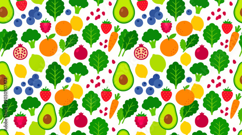 Tableau sur toile A vibrant repeating pattern of assorted fruits vegetables and leafy greens on a