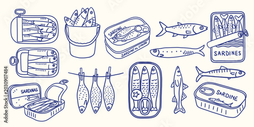 Fotografie Vintage sardine doodle clipart set