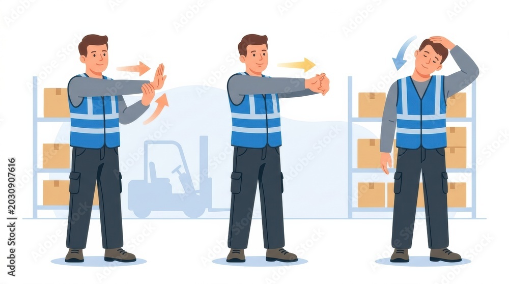 Fototapeta premium Worker demonstrates safety stretches in warehouse to promote health during logistics work. Stretching helps prevent injury during daily tasks.