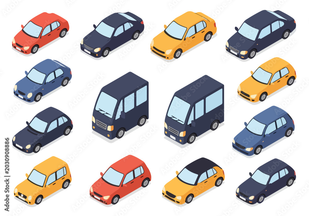 Naklejka premium Collection of colorful cartoon cars and vans on white background