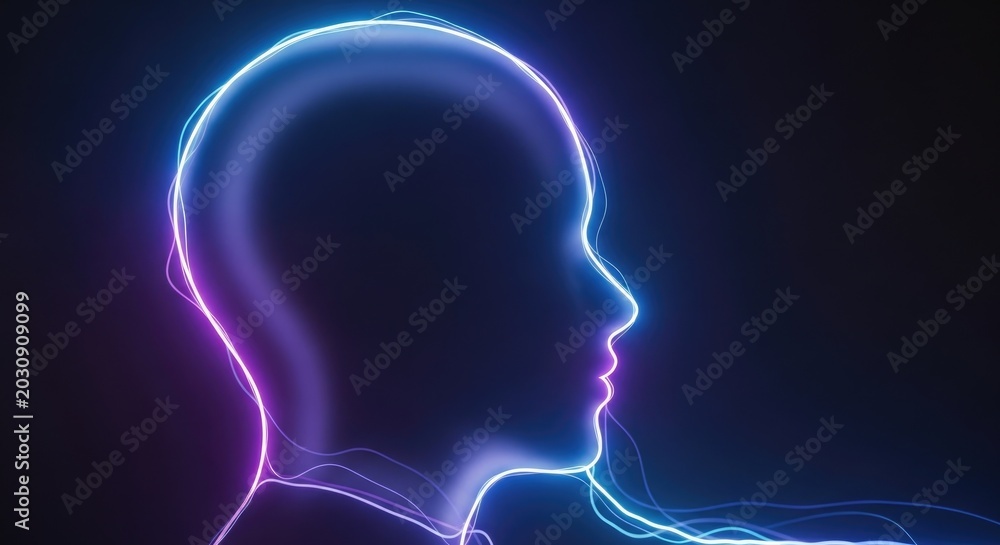 Obraz premium Abstract Neon Silhouette of Human Head with Glowing Outline.