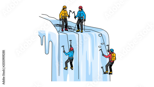 Foto Ice Climbing Expedition: A team of determined climbers scales a frozen waterfall, using ice axes and crampons to ascend the icy terrain in a test of skill and endurance