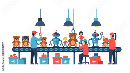 Toy Factory Assembly Line: Workers are busy assembling toys like teddy bears and robots on a conveyor belt in a brightly lit factory.