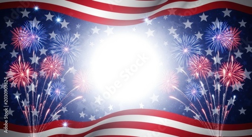 Vibrant american flag fireworks display with red white and blue explosions at night