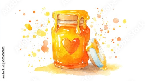 Watercolor painting of honey jar with heart symbol and drippings on white
