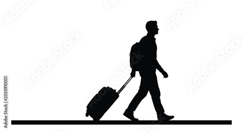 Silhouette of a man walking with a backpack and pulling a suitcase represents a traveler on a journey or a person on a business trip.
