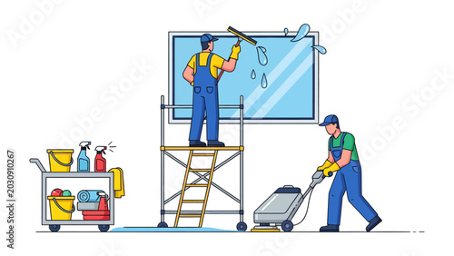 Tableau sur toile Professional Window Cleaning Service: Two uniformed workers, one on scaffolding and another with a floor buffer, meticulously clean a large office window and floor
