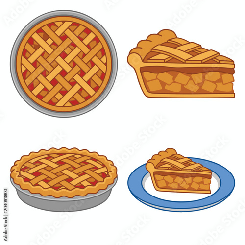 Photos Four cartoon illustrations of delicious apple pies, including whole pies in dishes and individual slices on plates, all with lattice crusts