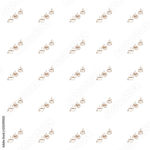 A minimalist seamless pattern featuring brown line-art coffee cups with rising steam and coffee beans on a clean white background. Perfect for cafe branding and paper packaging.