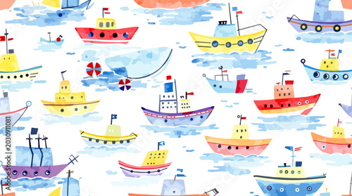 Konstfotografi Colorful little boats sail across calm seas in a cheerful children's world