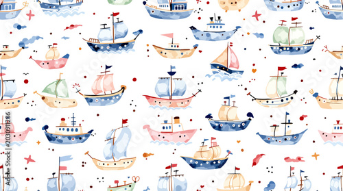 Foto Colorful little boats sail across calm seas in a cheerful children's world