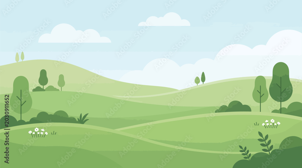Obraz premium A serene, cartoon-like landscape featuring rolling green hills, fluffy clouds, and vibrant trees under a clear blue sky, perfect for a peaceful background