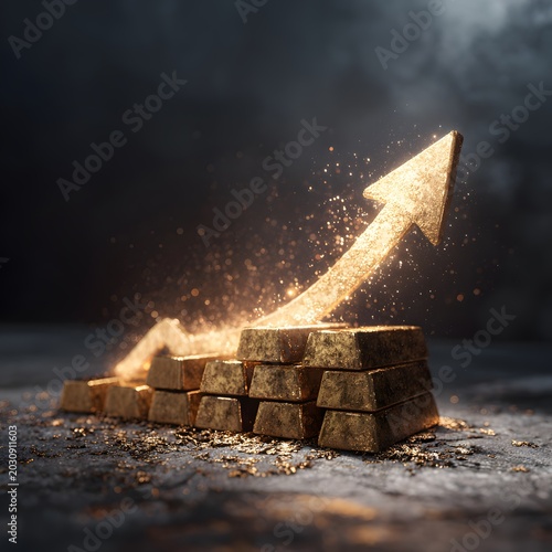 Golden Investment Growth: A stack of gold bars rises into an upward-trending arrow, symbolizing financial growth, investment success, and economic prosperity in a dramatic, atmospheric setting.