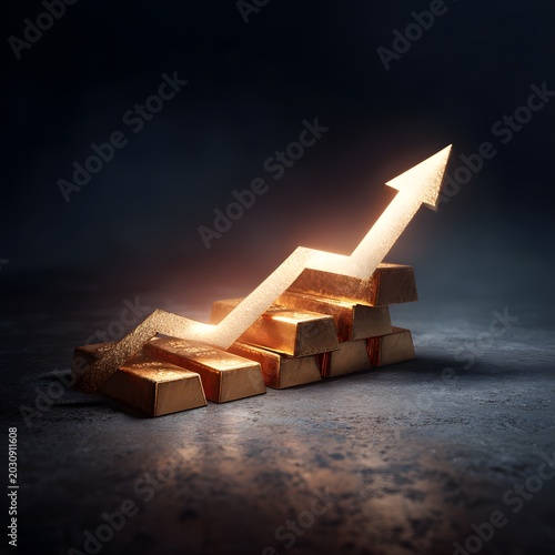 Golden Bull Market: A radiant golden arrow points upwards, symbolizing financial growth and prosperity, positioned atop a stack of gleaming gold bars against a dramatic, shadowed backdrop.