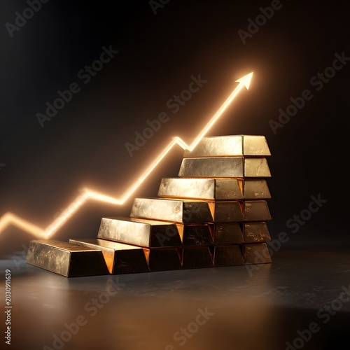 Gold Bullion Staircase with Upward Trend Arrow: A dramatic visual representation of financial growth, with stacked gold bars forming a staircase ascending alongside a bright.