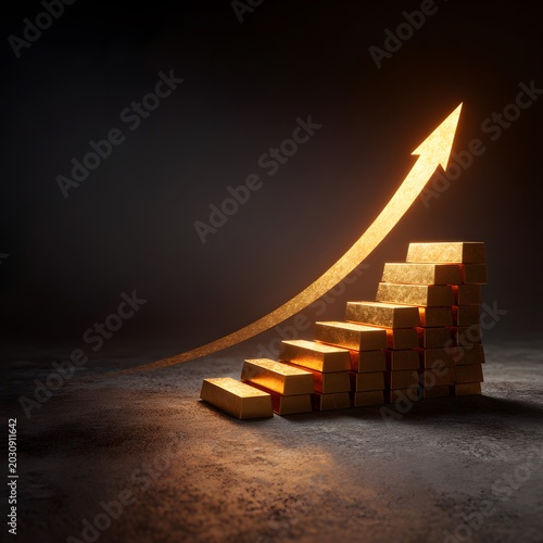 Golden Growth Chart: A visual representation of financial success, with stacks of gold bars forming a staircase leading to an upward-pointing arrow, symbolizing prosperity and growth.