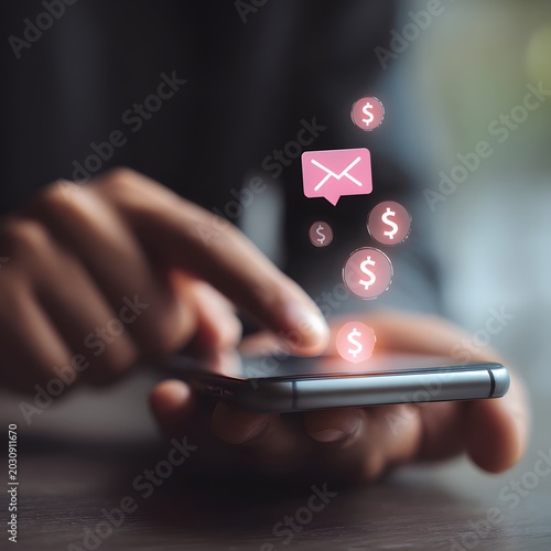Online Earnings: A person's hands holding a smartphone, with digital icons of an email and dollar signs floating above, symbolizing online income and digital communication.