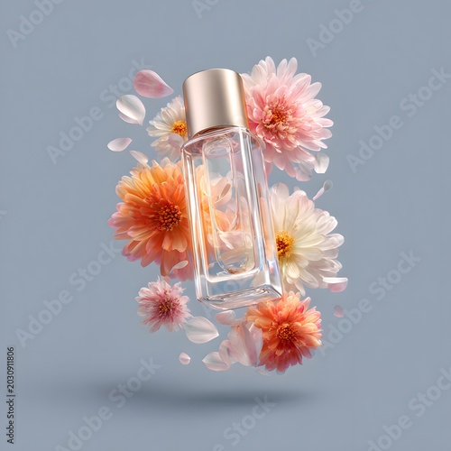 Floral Elixir: A delicate perfume bottle, embodying elegance and freshness, is artfully surrounded by a vibrant arrangement of blooming chrysanthemums and scattered petals.