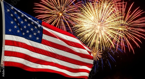 American flag waving with vibrant fireworks exploding in the night sky on independence day