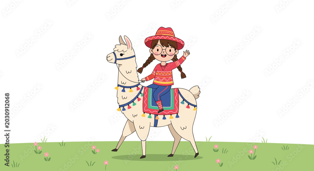 Fototapeta premium Smiling young girl in a red patterned sweater and glasses riding a white llama through a meadow with pink flowers.