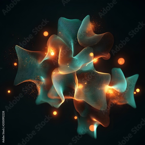 Abstract Energy Flow: Glowing ethereal forms in teal and orange, resembling a nebula or energy burst, with shimmering particles against a dark background.