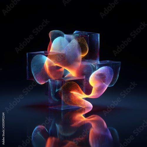 Abstract Fluidity: Mesmerizing glowing colorful fluid forms swirling around translucent cubes, creating an ethereal and dynamic abstract composition against a dark background.