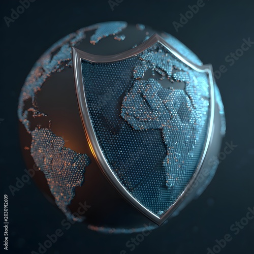 Global Security Shield: A symbolic representation of worldwide protection, this image features a metallic shield emblem superimposed on a globe with intricate continent details.