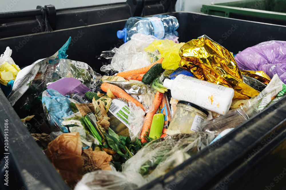 Fotografie Overflowing garbage container with food and plastic waste