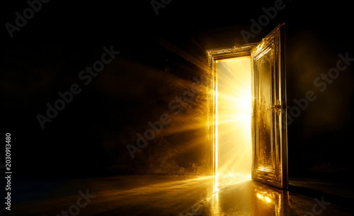 Luxurious open gold door glowing with powerful light rays on a dark abstract black background