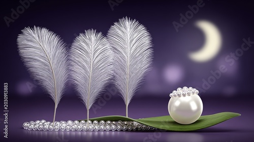 White feathers, pearls, and a crescent moon on a dark background