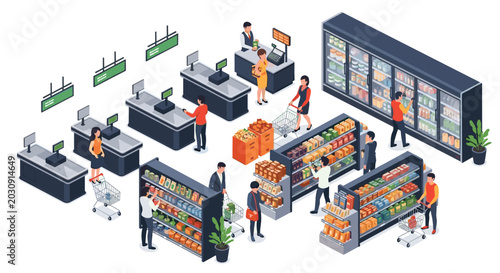 Detailed isometric illustration of a modern supermarket with shoppers, checkout counters, refrigerated aisles, and stocked product shelves.