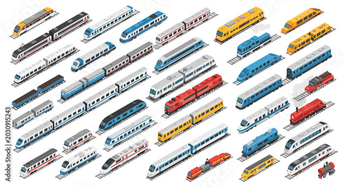 Isometric collection of modern high-speed passenger trains and locomotives in various colors for transportation logistics.