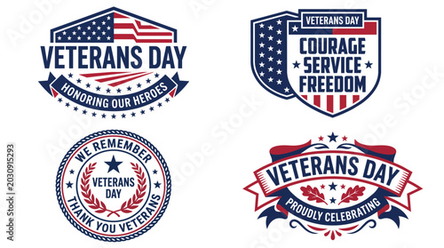Veterans Day Badge Bundle with Courage Service Freedom Theme, Patriotic Veterans Day Logo Set Honoring Our Heroes, American Veterans Day Emblem Collection with Thank You Veterans Design