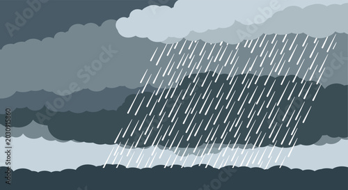 Dark stormy sky filled with heavy grey clouds and streaks of white falling rain representing a wet weather condition.