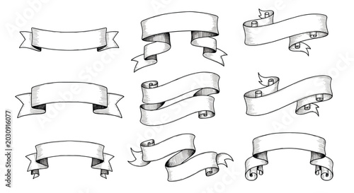 Collection of hand drawn vintage ribbon banners and scrolls provides classical decorative elements for elegant graphic design projects.