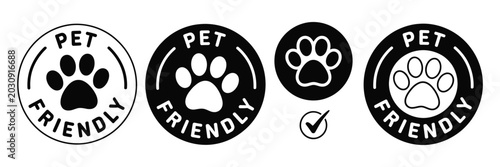 Slika na platnu Pet friendly logo and veterinarian approved icon design with dogs and cats allow