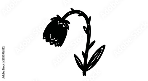 Photos Black silhouette of a wilting flower with leaves on a white background