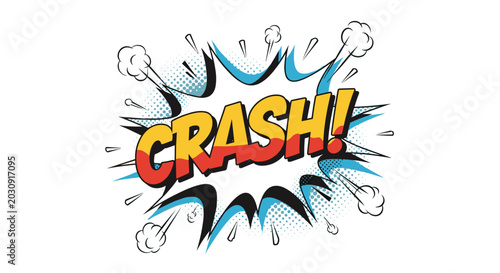 Explosive comic book style crash graphic with bold yellow text and action lines captures high energy and dramatic impact in an illustration.